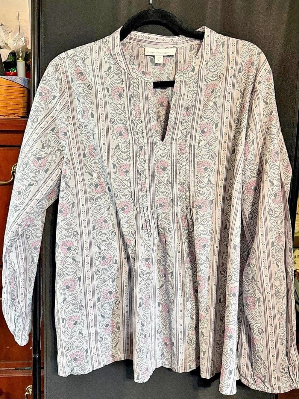 PureJill Floral Stripe Blouse in Pink & Gray Size Large Like New